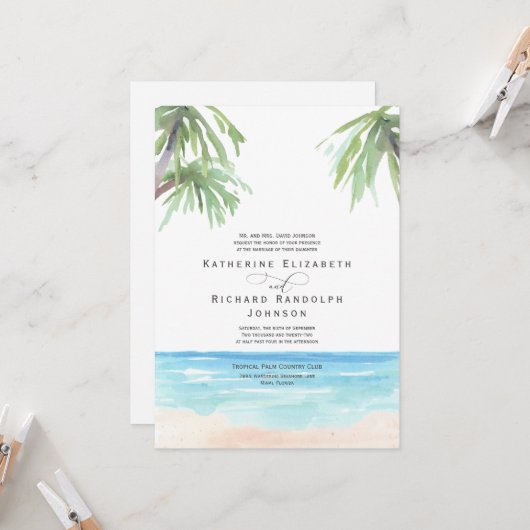 Tropische palm Trees Beach Wedding Invitation Kaart (Voorkant / Achterkant in situ)