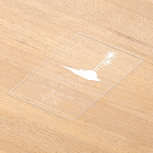 Tropische Palm Trees Island Beach bruiloft Acryl Uitnodigingen (Laagn)