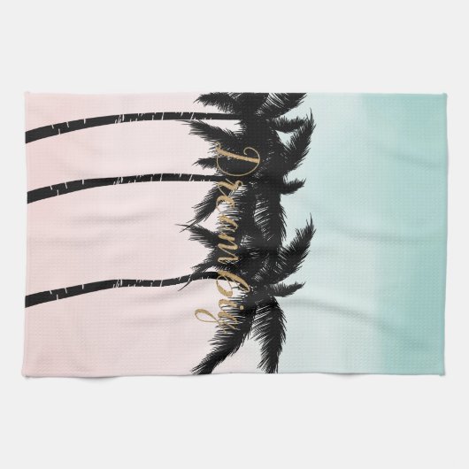 Tropische palm Trees Pink Mint Ombre gouden droom Theedoek (Horizontaal)