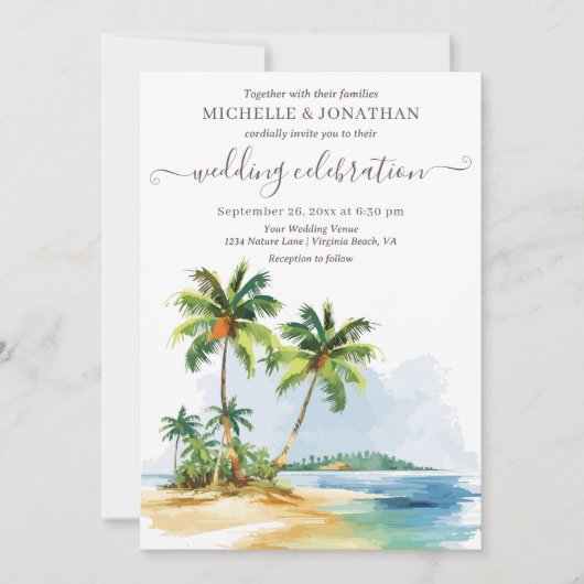 Tropische Palm Trees Strand Bestemming Bruiloft Kaart (Voorkant)
