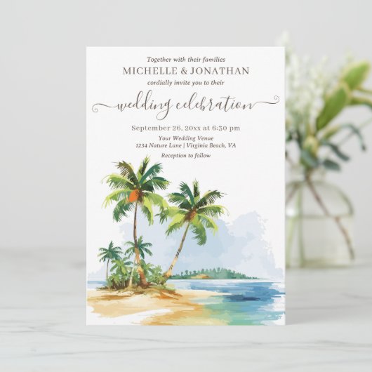 Tropische Palm Trees Strand Bestemming Bruiloft Kaart (Staand voorkant)
