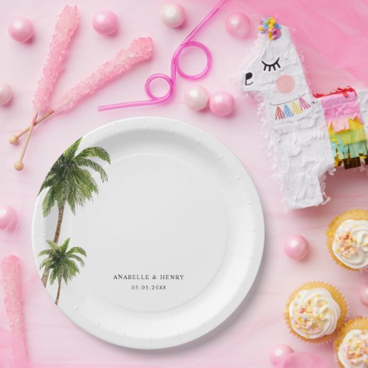 Tropische Palm Trees Strand Bestemming Bruiloft Papieren Bordje (Feest)