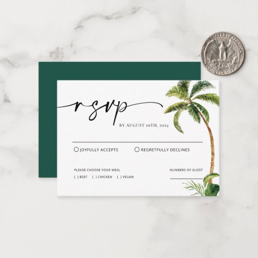 Tropische palm Trees Wedding RSVP Kaart Notitiekaartje (Voorkant / Achterkant in situ)