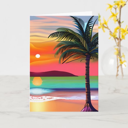 Tropische Palm Tres en Sunset Theme Verjaardag Kaart (Gele Bloem)