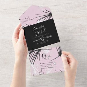 Tropische Palm Trouwdag Handgetekende Roze All In One Uitnodiging
