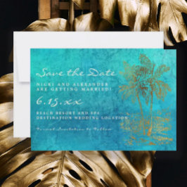 Tropische Palm Trouwdatum Bewaren Teal Goud Save The Date