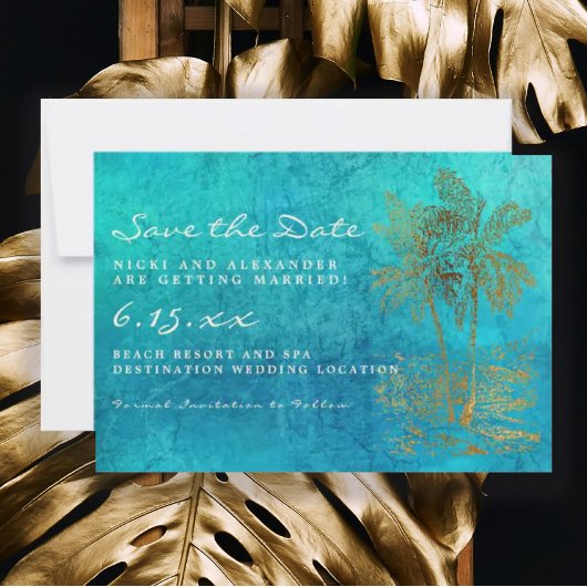 Tropische Palm Trouwdatum Bewaren Teal Goud Save The Date