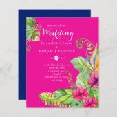 Tropische Palm Trouwkaarten Fuchsia Ginger Navy (Voorkant / Achterkant)