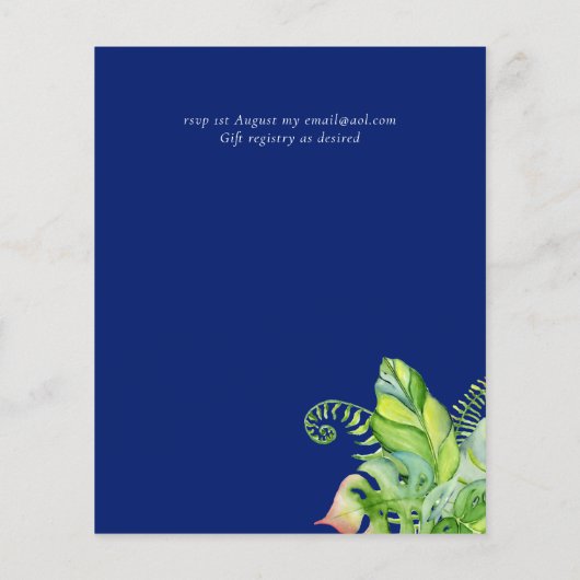 Tropische Palm Trouwkaarten Fuchsia Ginger Navy (Achterkant)