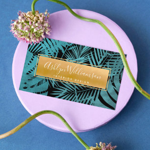 Tropische palm turquoise blauw goud script modern visitekaartje