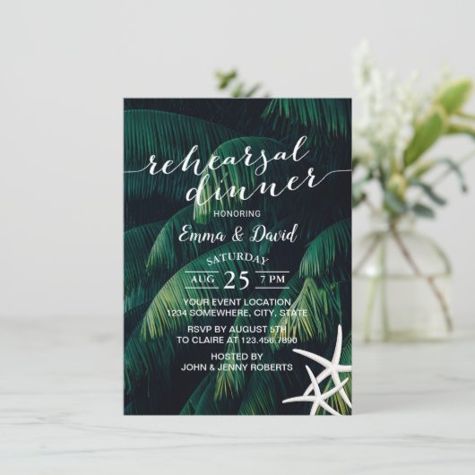 Tropische palm verlaat zeester bruiloft repetitie kaart (Staand voorkant)