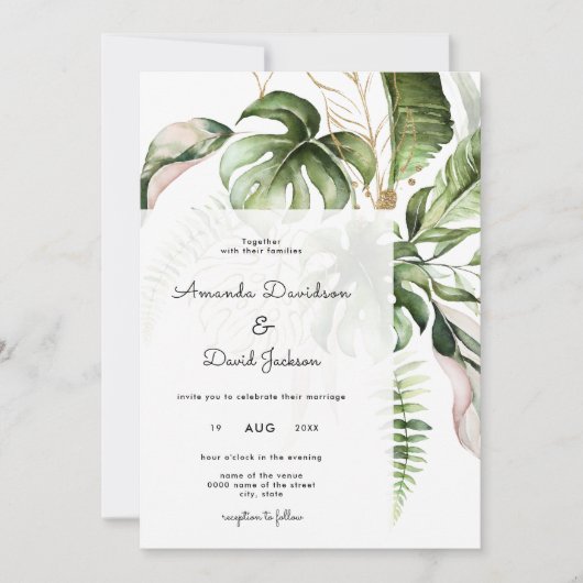 Tropische palm verlaat zomer moderne bruiloft kaart (Voorkant)