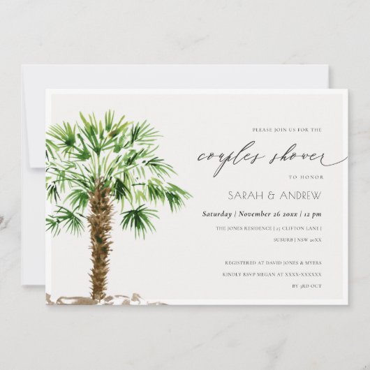 Tropische palm Waterverf Couples Shower Invite Bedankkaart (Voorkant)