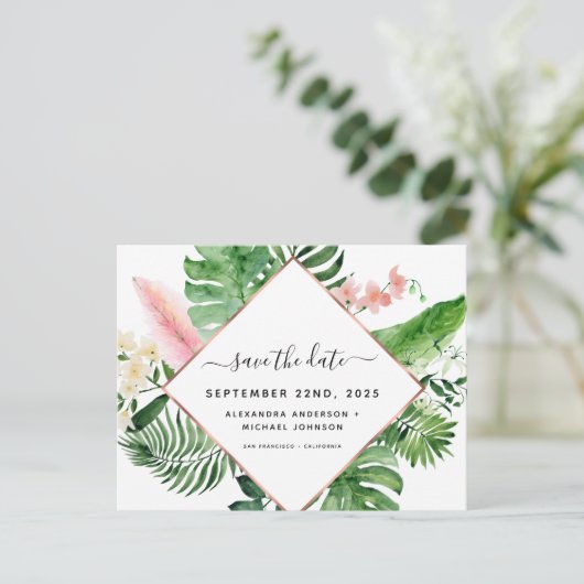 Tropische Palm Waterverf Geometrische Save the Dat Aankondigingskaart (Staand voorkant)