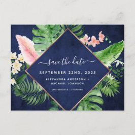 Tropische Palm Waterverf Navy Blue Save the Date Aankondigingskaart
