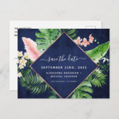 Tropische Palm Waterverf Navy Blue Save the Date Aankondigingskaart (Voorkant / Achterkant)