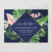 Tropische Palm Waterverf Navy Blue Save the Date Aankondigingskaart (Voorkant)