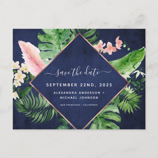 Tropische Palm Waterverf Navy Blue Save the Date Aankondigingskaart (Voorkant)