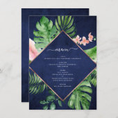 Tropische Palm Waterverf Navy Blue Wedding Menu (Voorkant / Achterkant)