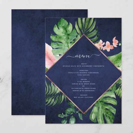 Tropische Palm Waterverf Navy Blue Wedding Menu (Voorkant / Achterkant)