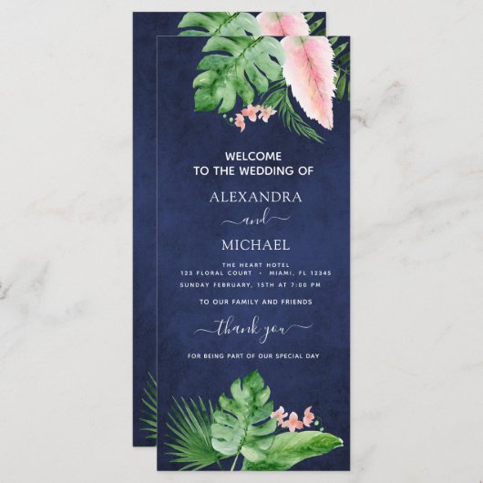 Tropische palm Waterverf Navy Blue Wedding Program (Voorkant / Achterkant)