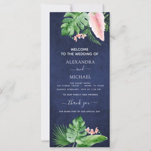 Tropische palm Waterverf Navy Blue Wedding Program (Voorkant)