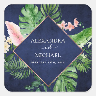Tropische Palm Waterverf Navy Blue Wedding Seal Vierkante Sticker