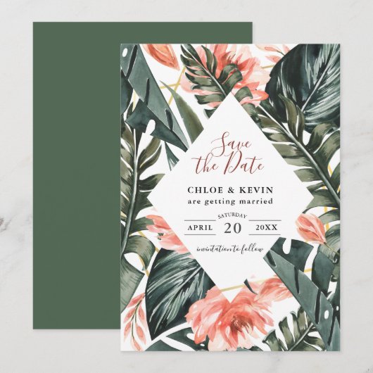 Tropische Palm Wedding Flat Save The Date Kaart (Voorkant / Achterkant)