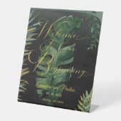 Tropische palm welkom aan ons begin reclamebord met voetstuk (Voorkant)