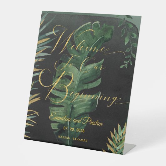 Tropische palm welkom aan ons begin reclamebord met voetstuk (Voorkant)