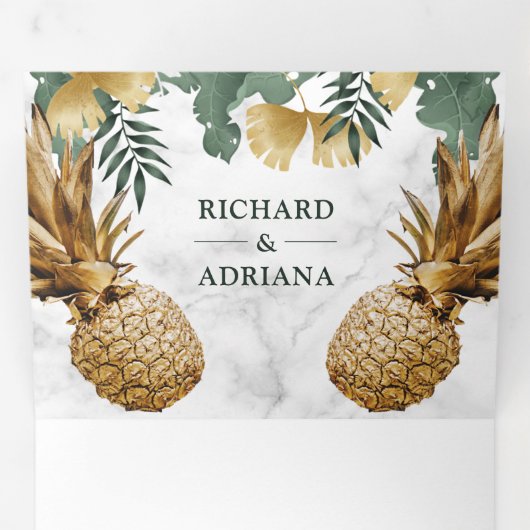 Tropische Palm Wit Marmer Goud Ananas Bruiloft Drieluik Uitnodiging (Binnenzijde eerst)