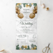Tropische Palm Wit Marmer Goud Ananas Bruiloft Drieluik Uitnodiging (Binnen)