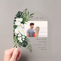 Tropische Palm & Witte Bloem Save the Date Foto A
