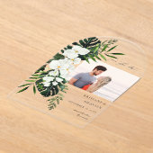 Tropische Palm & Witte Bloemen Bewaar de Datum Fot Acryl Uitnodigingen (Laagn)
