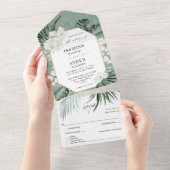 Tropische Palm & Witte Bloemen Huwelijk - Mint Gre All In One Uitnodiging (Afscheurbaar)