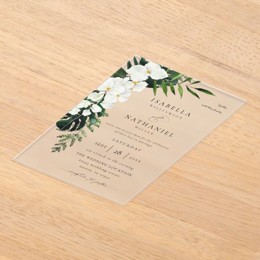 Tropische palm & witte bloemenbruiloft 2 V2 Acryl Uitnodigingen (Laagn)