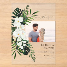 Tropische Palm & Witte Bloemige Save the Date Foto