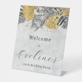 Tropische Palm Zwart Goud 100e Verjaardag Welkom Reclamebord Met Voetstuk (Voorkant)