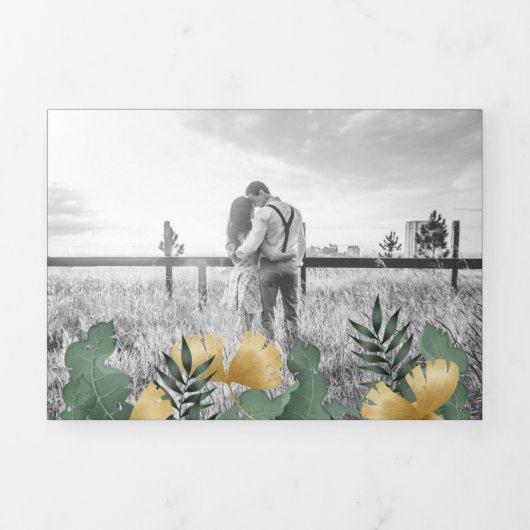 Tropische Palm Zwart Goud Flamingo Paar Huwelijk Drieluik Uitnodiging (Cover)