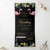 Tropische Palm Zwart Goud Flamingo Paar Huwelijk Drieluik Uitnodiging (Binnen)