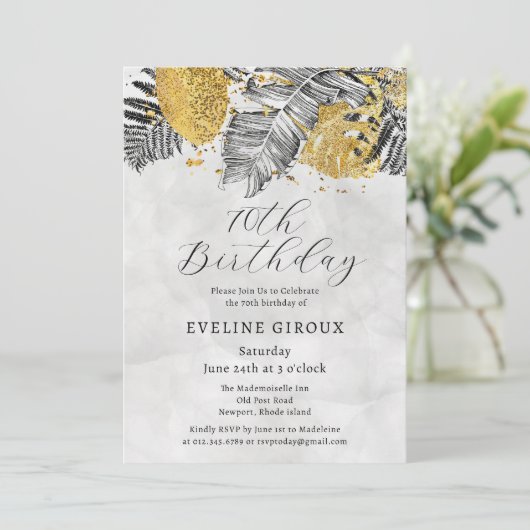 Tropische Palm Zwart Wit Goud 70e Verjaardag Kaart (Staand voorkant)