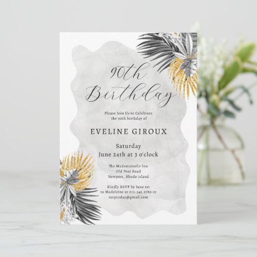 Tropische Palm Zwart Wit Goud 90e Verjaardag Kaart (Staand voorkant)