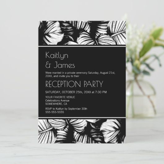 Tropische palm zwart-wit huwelijksreceptie kaart (Staand voorkant)