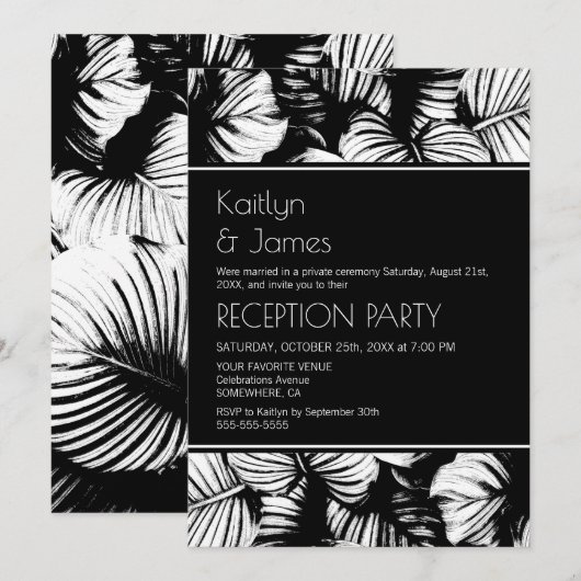 Tropische palm zwart-wit huwelijksreceptie kaart (Voorkant / Achterkant)