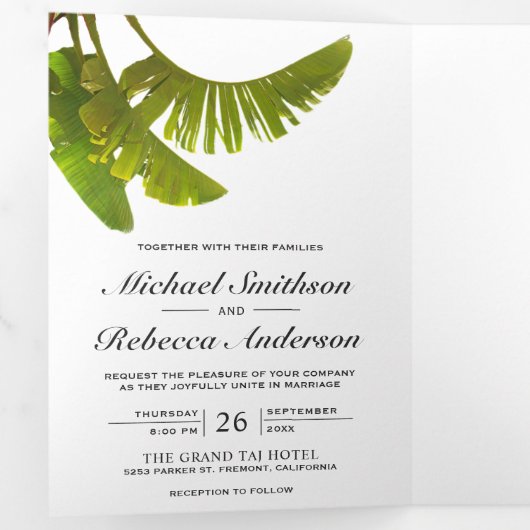 Tropische palmbanaan bladeren loof 3 in 1 bruiloft drieluik uitnodiging (Binnenzijde eerst)