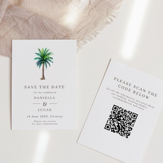 Tropische palmbestemming voor bruiloft QR-code Save The Date