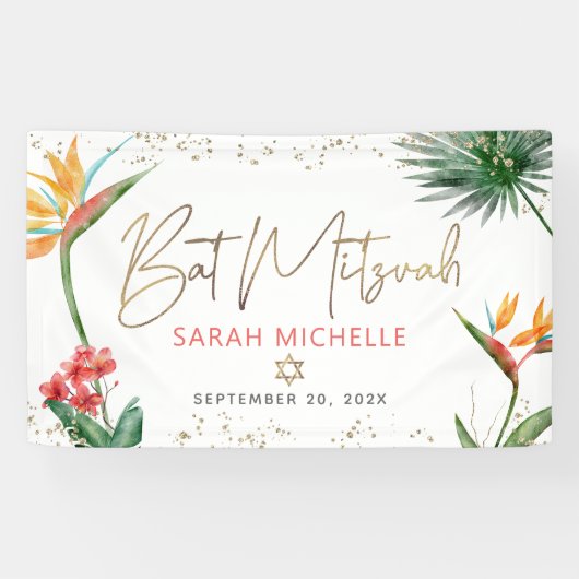 Tropische Palmblad Bat Mitzvah Gouden Script Welko Spandoek (Horizontaal)