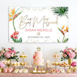 Tropische Palmblad Bat Mitzvah Gouden Script Welko Spandoek<br><div class="desc">Wees trots, verheug je en laat deze mijlpaal van je favoriete Bat Mitzvah zien! Hang deze prachtige, moderne, stijlvolle, gepersonaliseerde banner op om haar speciale dag nog extra speciaal te maken. Stijlvolle, prachtige, kleurrijke, tropische waterverf vogels van paradijs bloemen, nep gouden handgeschreven schrift, Davidster en glinsterende stippen, samen met donkerroze...</div>