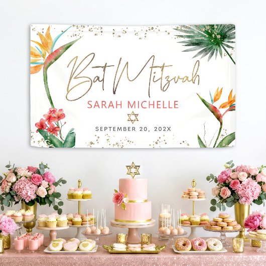 Tropische Palmblad Bat Mitzvah Gouden Script Welko Spandoek