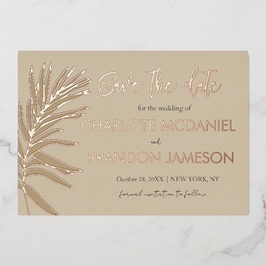 Tropische palmblad bruiloft Bewaar de datum Folie Uitnodiging (Voorkant)